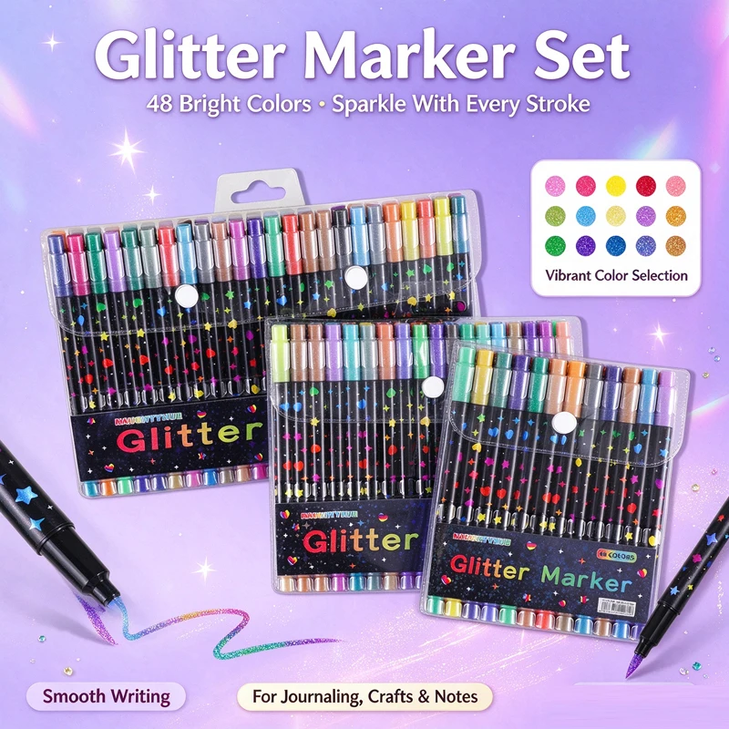 12/24/48/96 Colors Dual Brush Tip Glitter Art Markers Metallic Paint Marker Set Pens DIY Crafts Birthday Cards, Making Poster