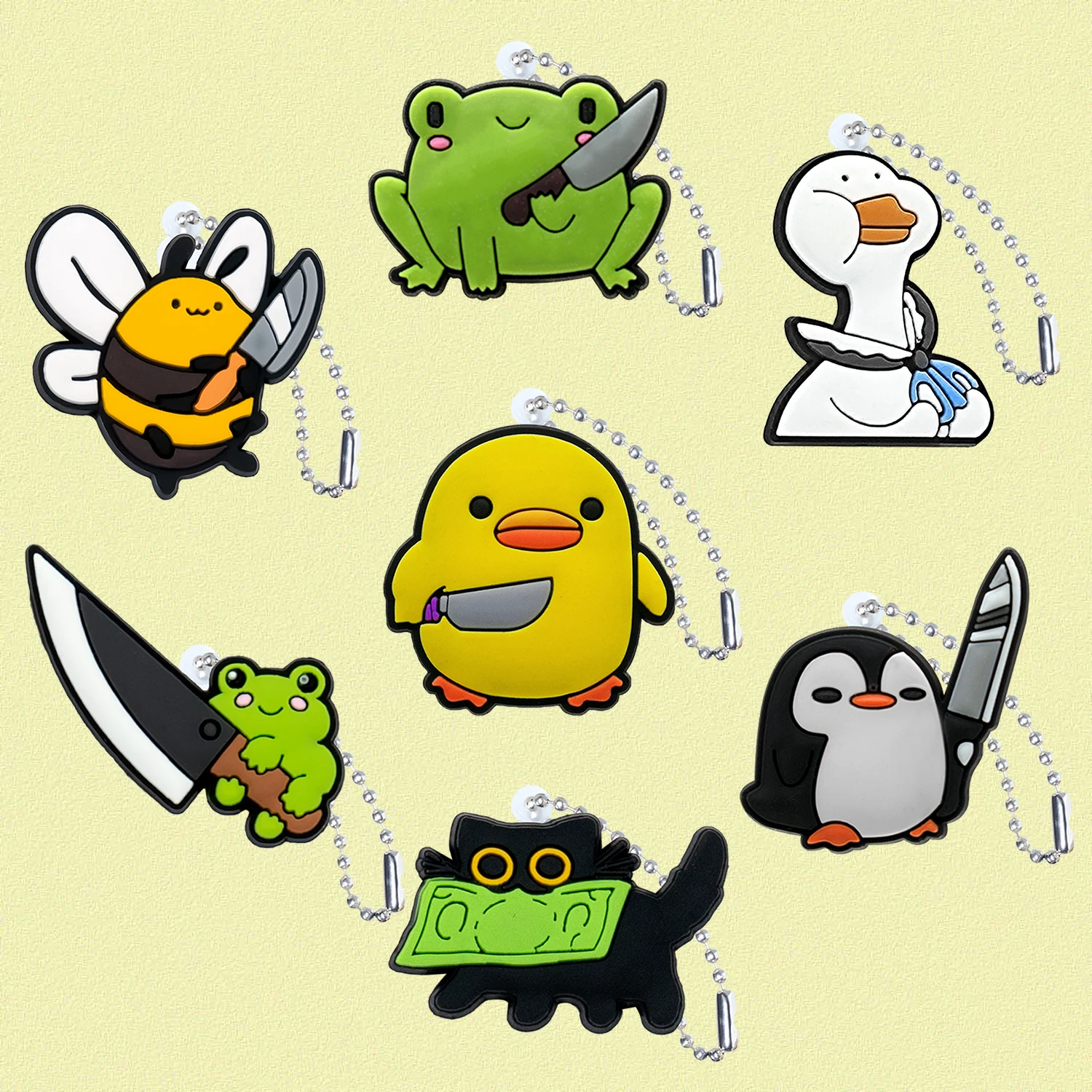 PVC 재미있는 동물 키 체인, 귀여운 오리 고양이 꿀벌 키 링, 키 개구리 펭귄 가방 키 체인, 남성용 핸드백 액세서리, 100 개