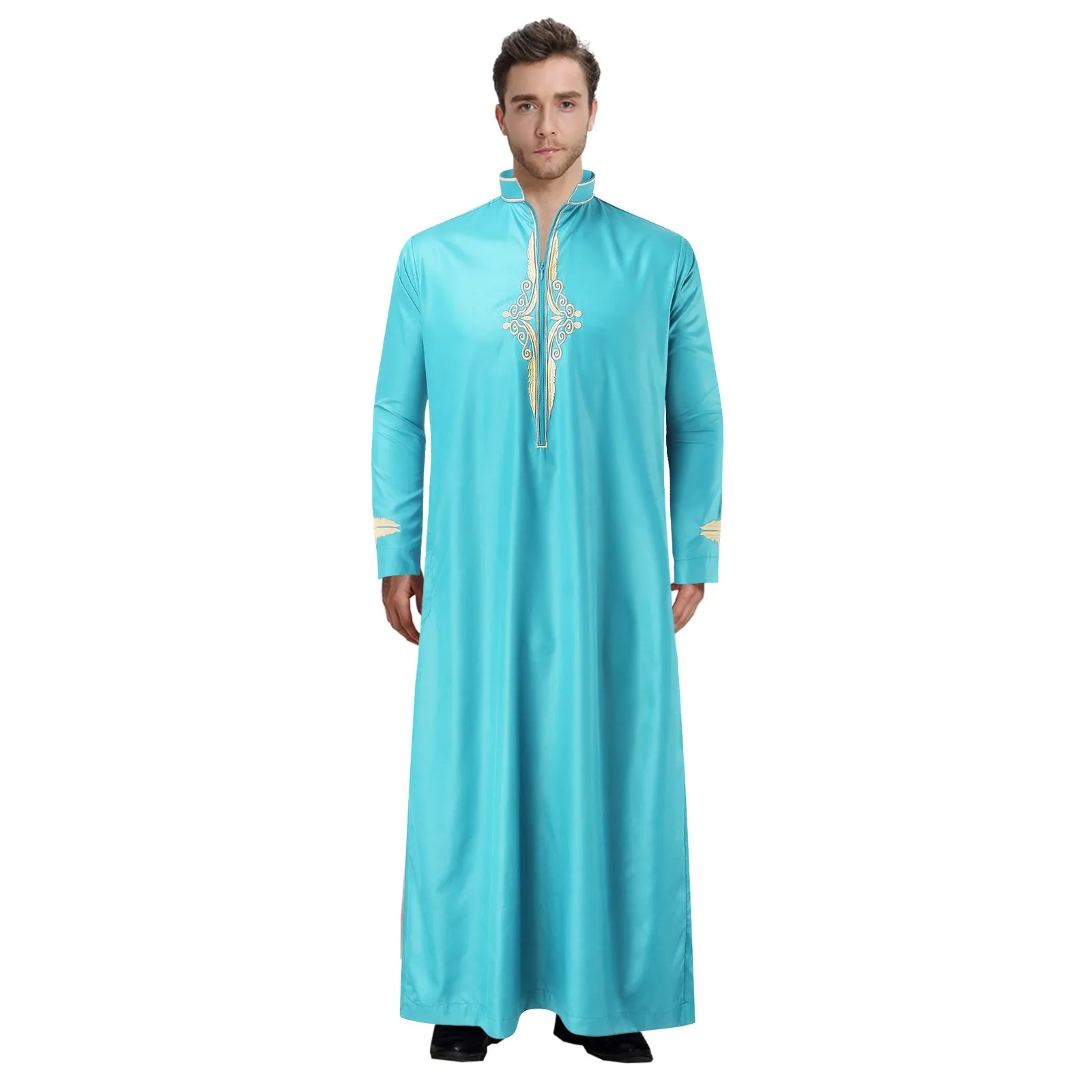 Baru Timur Tengah Turki pria Jubba Thobe Muslim Islam mode berdiri kerah jubah Arab Saudi Dubai harian warna Solid kaftan