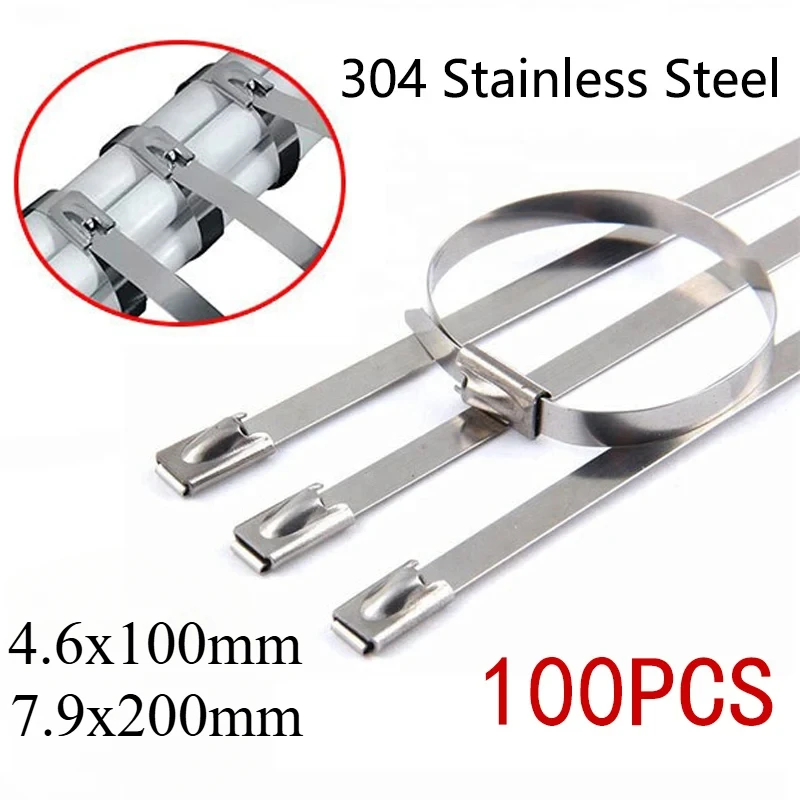 100Pcs 304#Stainless Steel Cable Ties 4.6mm Heavy Duty Self-Locking Cable Zip Tie Multi-Purpose Metal Exhaust Wrap Locking Ties