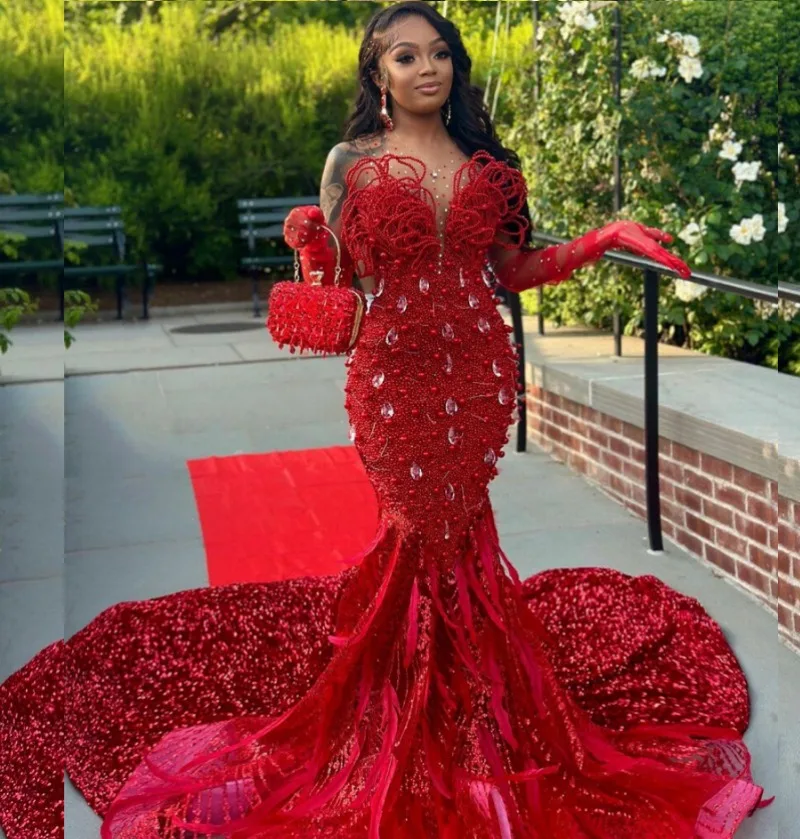 

Изысканные платья для выпускного вечера с блестками, черные длинные платья русалки для девочек, свадебное платье с кристаллами и бисером, вечернее платье с перьями, роскошное индивидуальное платье