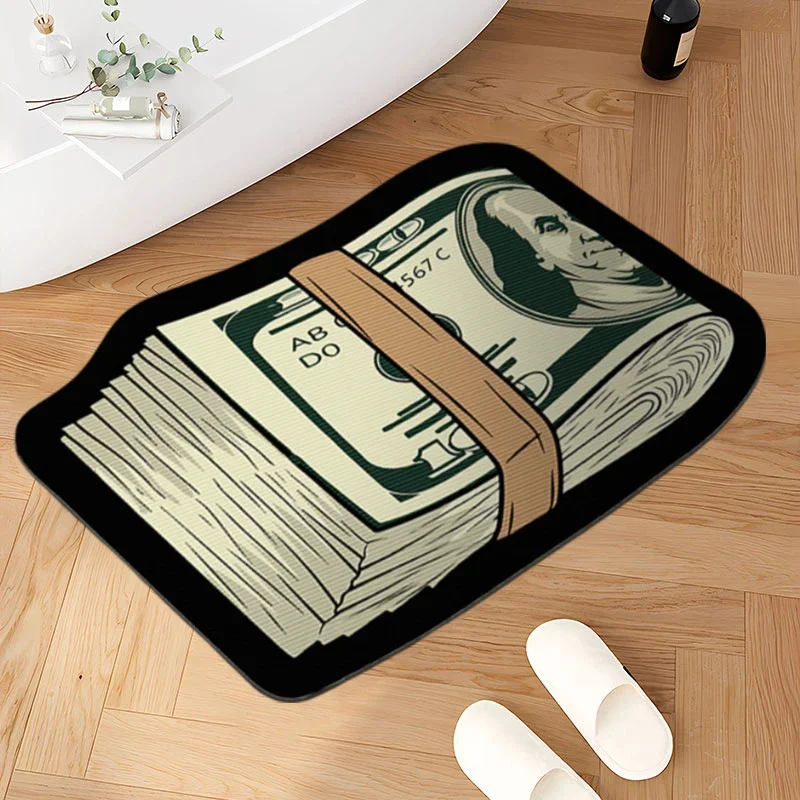 VIKAMA Irregular Bundled Dollar Bills Floor Mat Multi‑stack Cash Note Print Thick Plush Non‑slip Household Entryway Decor Rug