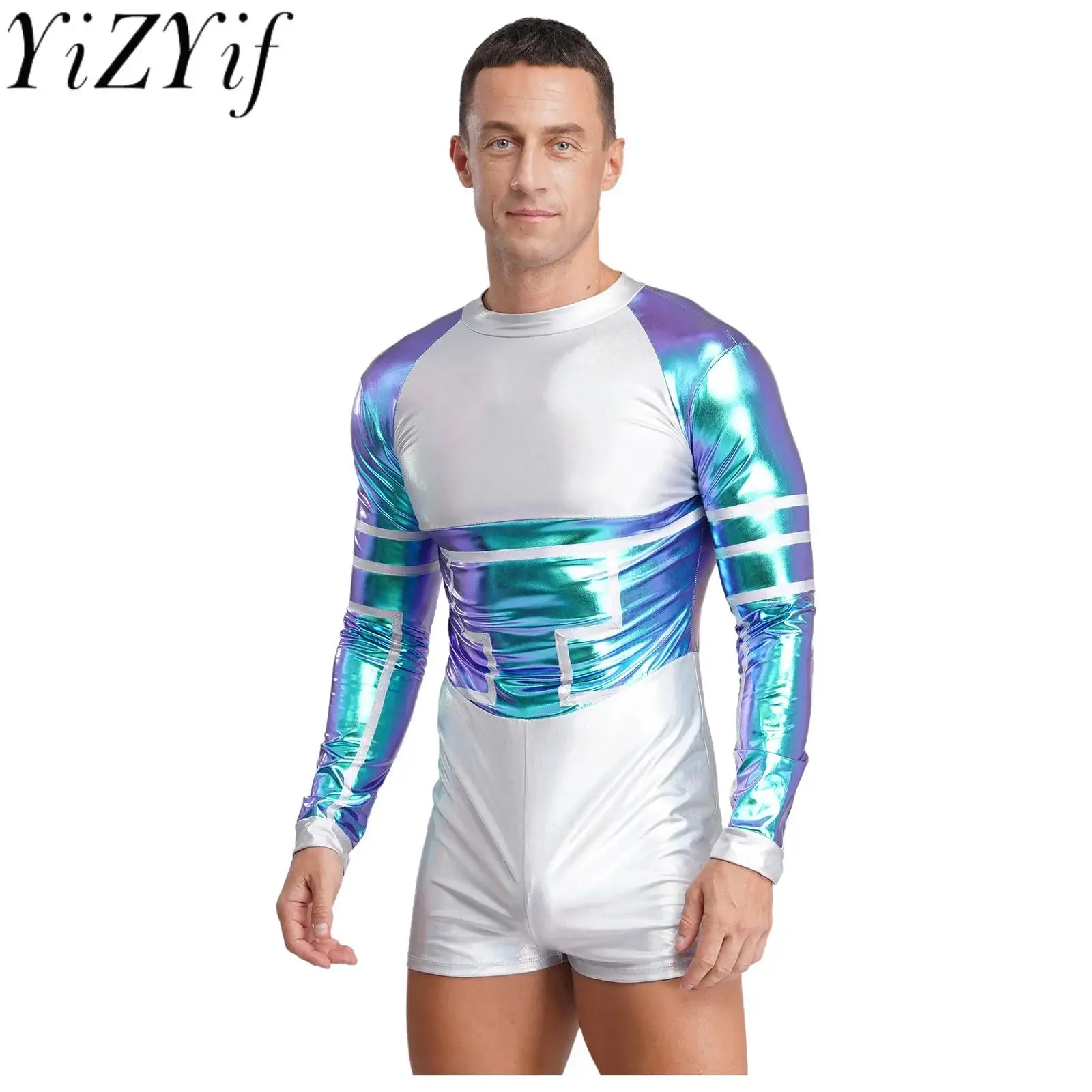

Men Halloween Holographic Bodysuits for Alien Robot Space Cosplay Jumpsuit for Astronaut Space Themed Party Performance Suit