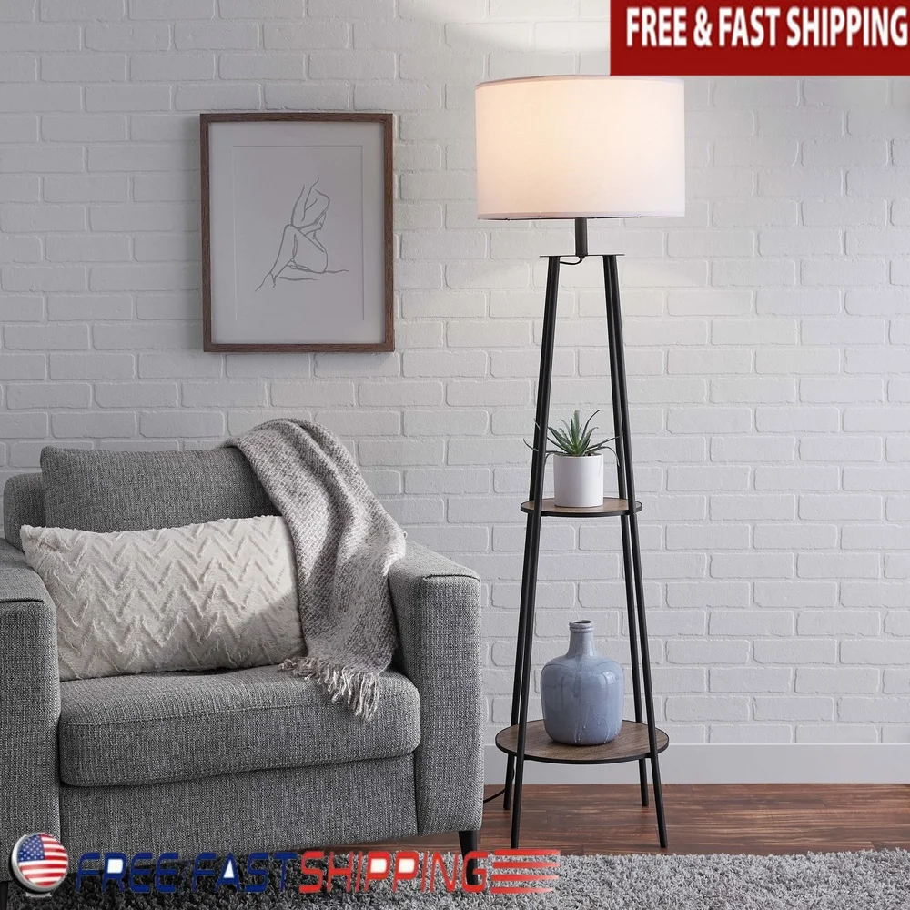 

62 Inch Matte Black Floor Lamp with 2 Wood Shelves Energy Efficient LED Light Indoor Use Adjustable Head Mid Century Modern
