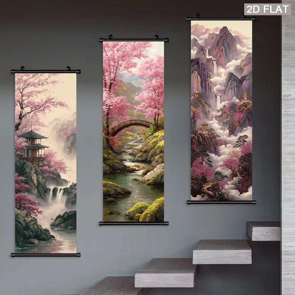 VIKAMA Oriental Cherry Blossom Landscape Tapestry, Vintage Waterfall Pavilion Wall Scroll, Japanese Style Home Decor Art Poster