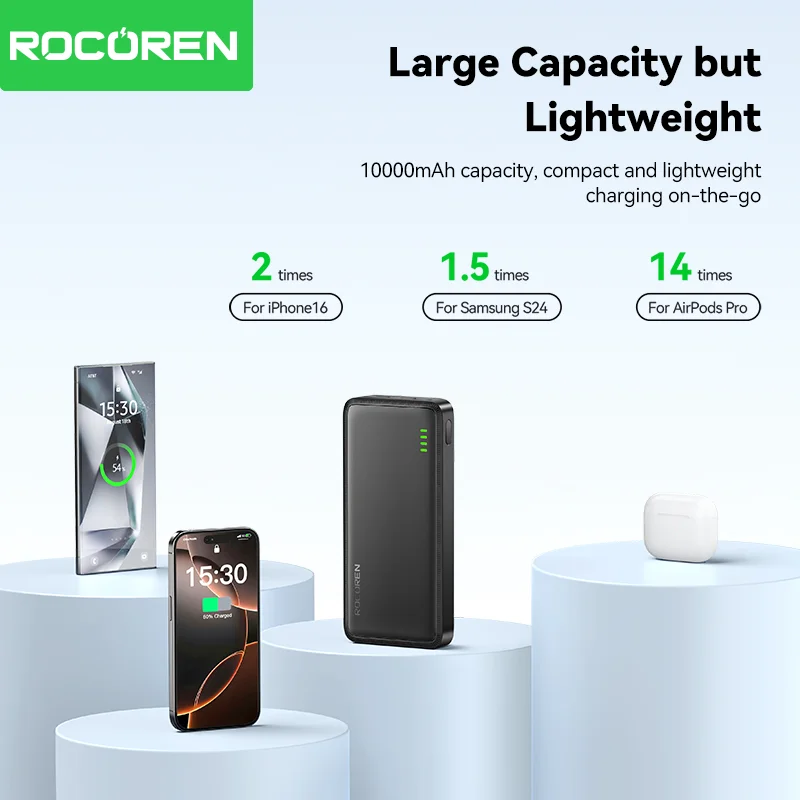 Rocoren 10000mAh Power Bank Portable Charger External Battery PoverBank 10000 Fast Charging Powerbank For iPhone Xiaomi mi POCO