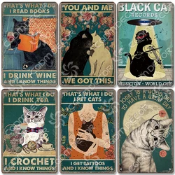 Black Cat Tin Sign Metal Plaque Read Books Drink Wine Pet Metal Poster Vintage Wall Decor for Coffee Shop Kitchen Bathroom Home