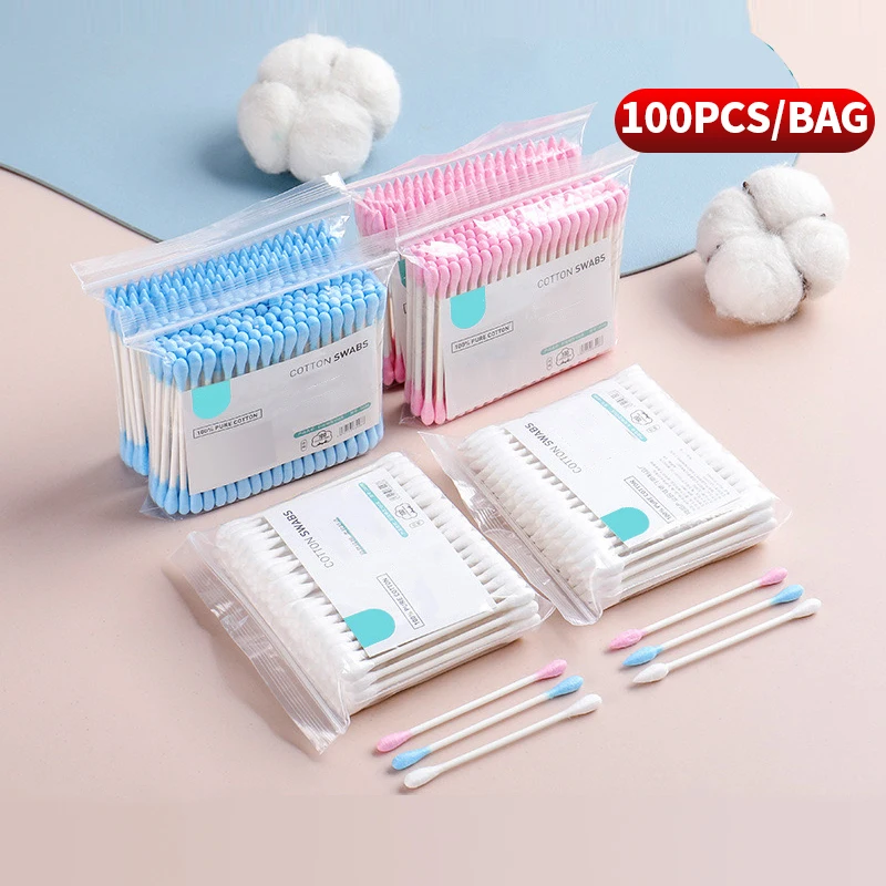 100 unids/bolsa hisopo de algodón de doble punta: adecuado para belleza, maquillaje, eliminación de maquillaje y uso de limpieza diaria
