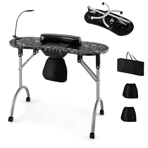 Moccha Manicure Nail Table, Portable Nail Desk for Nail Tech w/Electric Dust Collector, Wrist Rest, USB-Plug LED Lamp
