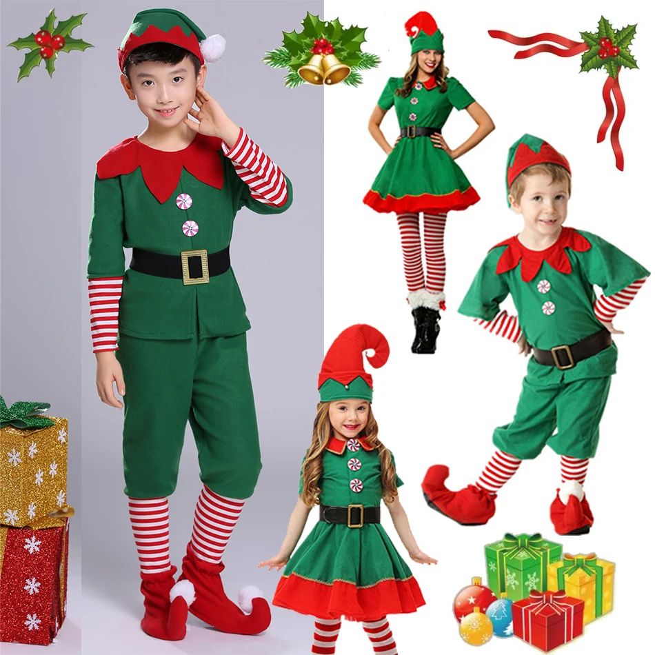 

Kid Christmas Elf Cosplay Family Matching Green Red Clothes Adult Xmas Role Play Masquerade Party Outfits for Men Women Boy Girl