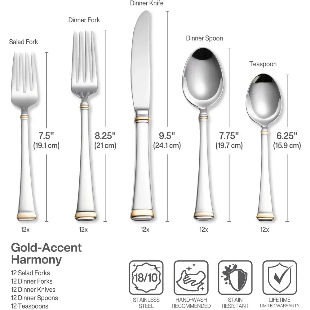 Dinnerware Sets 65-Piece Stainless Steel Flatware Set With Serveware Service for 12 Utensils for Kitchen Cutlery Gold-Accent Bar