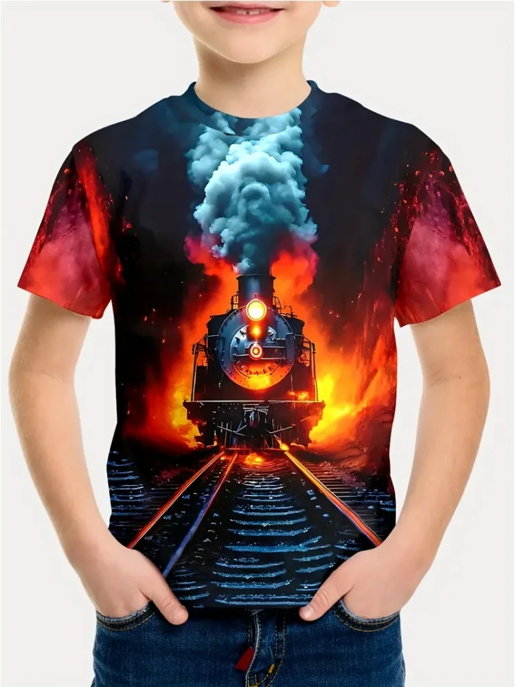 T-Shirts for Boys Summer Fun Children's Clothing Steam Train Graphic T Shirts 3D Print Outdoor Short Sleeves Kids Boy Clothes