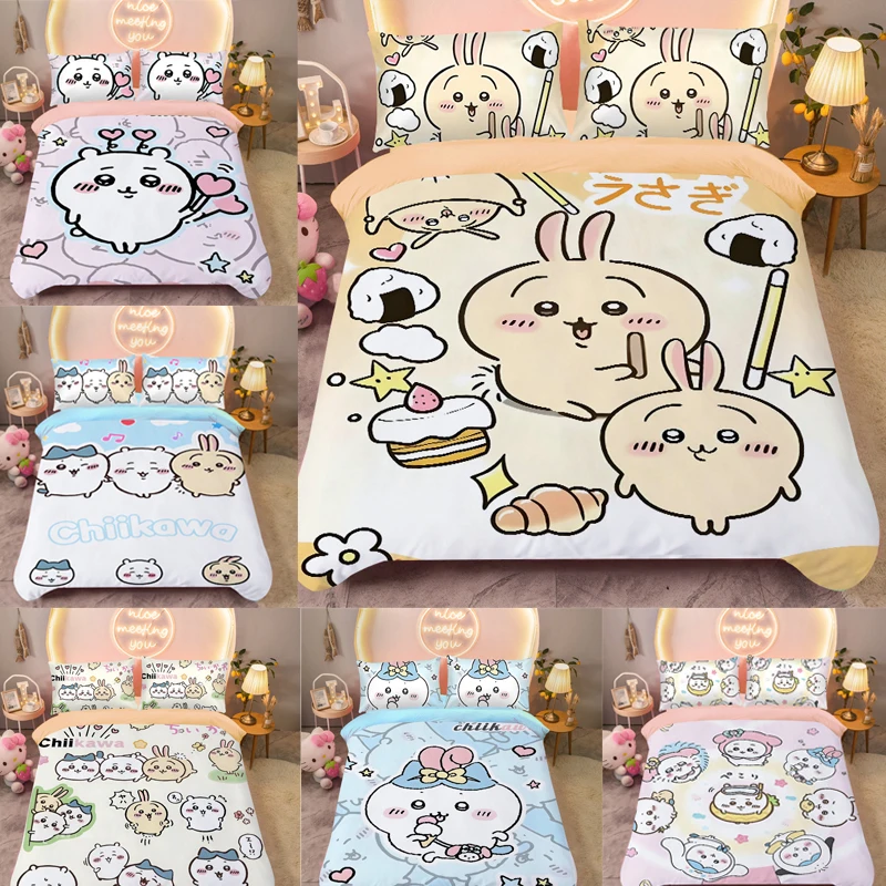 

Тематический комплект постельного белья Chiikawas с красочным принтом из полиэстера, студенческое общежитие, простыня, пододеяльник, детский подарок, домашний текстиль, декоративный
