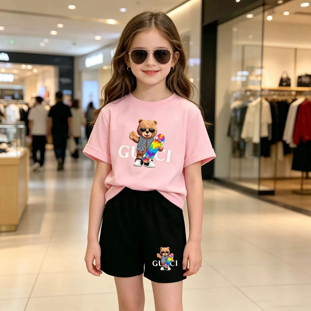 Kids T-shirt Summer Clothes Boy Girl 3-12 Years Pretty Girl In Pink Round Neck Short Sleeved+Shorts Sports Bear Print Casual Set