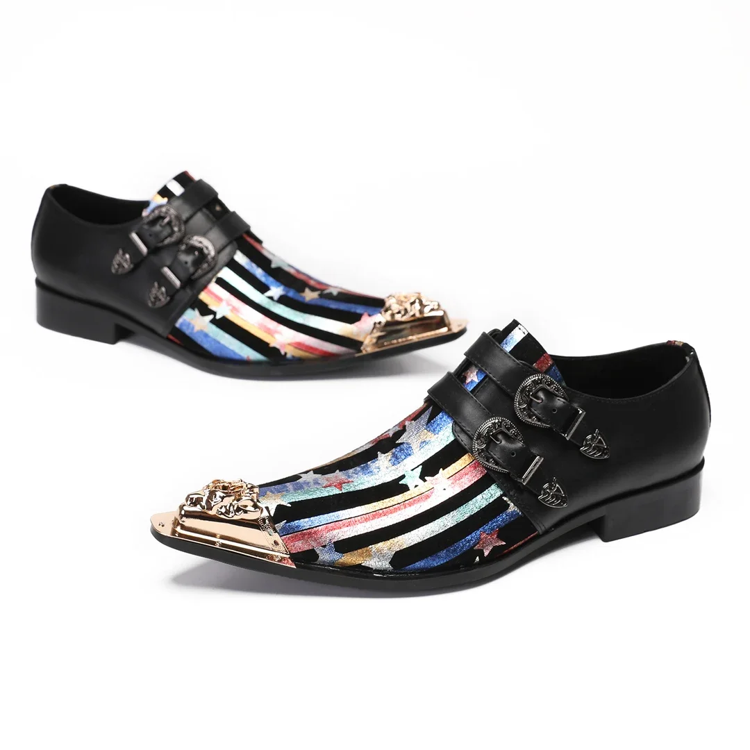 Social Men Metal Pointed Toe Star Pattern Plus Size Business Formal Shoes Multicolor Man Genuine Leather Buckle Slip on Shoes