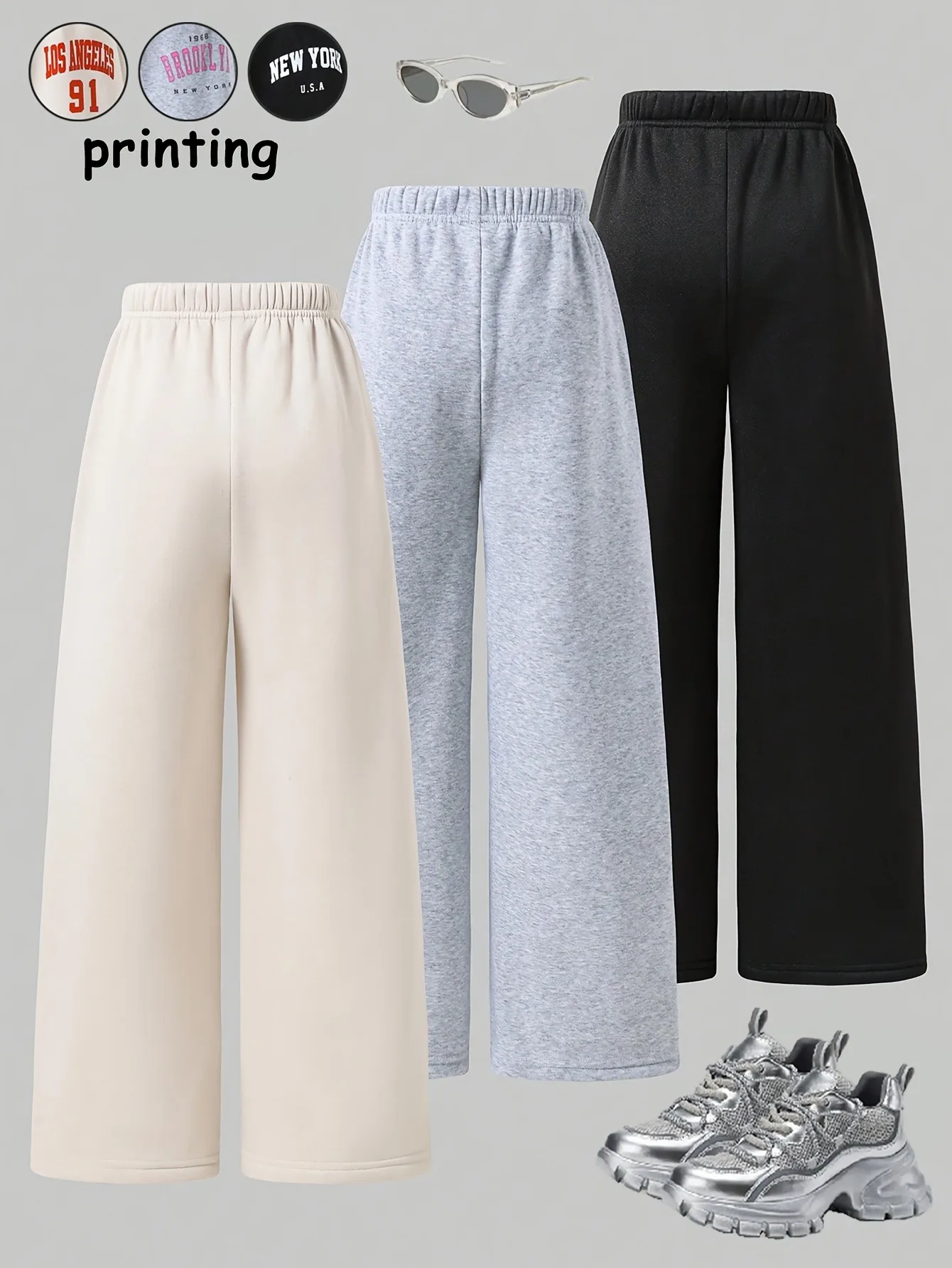 Comfy Kids 3-Pack Casual Sweat Pants, New York Brooklyn Los Angeles Letter Print Loose Wide Leg Trousers for School & Outdoor