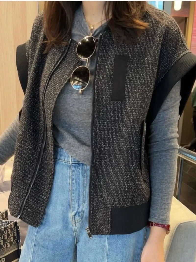 Chic Vintage ample décontracté texturé fermeture éclair gilet haut femmes Faion automne vêtements d'extérieur petit col montant polyvalent extérieur Jaet