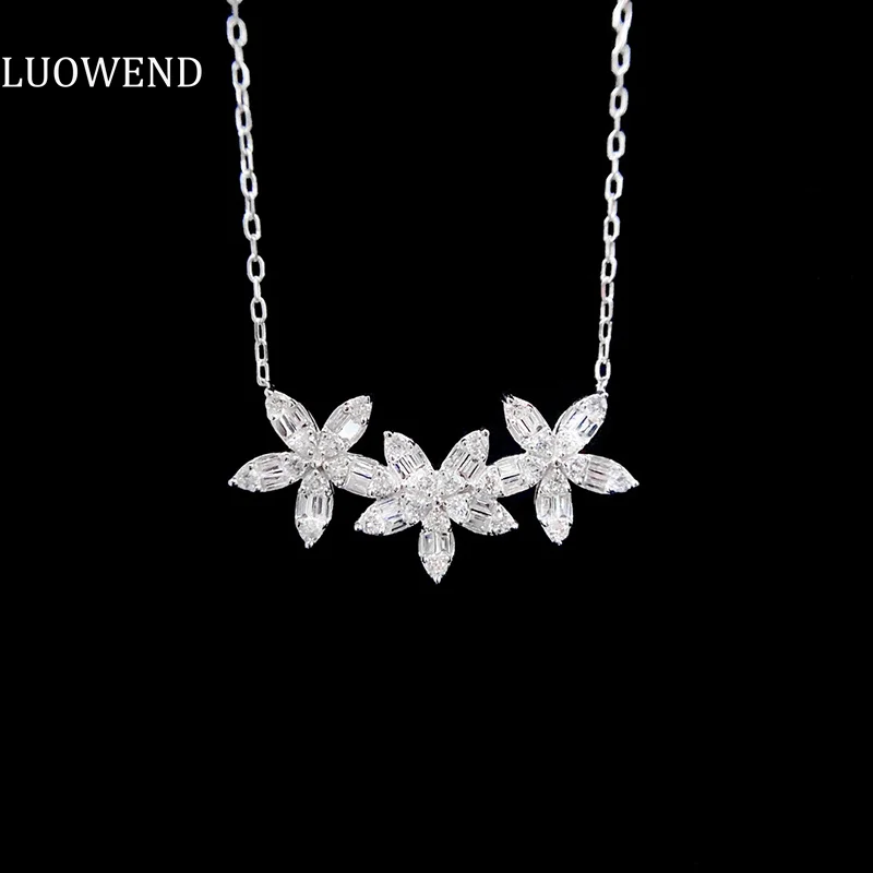 

LUOWEND 18K White Gold Necklace Shiny 0.50carat Real Natural Diamond Necklace for Women Anniversary Gift Romantic Flowers Design