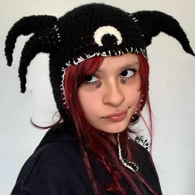 Knit Beanie Hat Devil Horns Halloween Ski Masks Winter Caps Knitted Hats Pranky Props for Adults Women Funny Halloween Hat