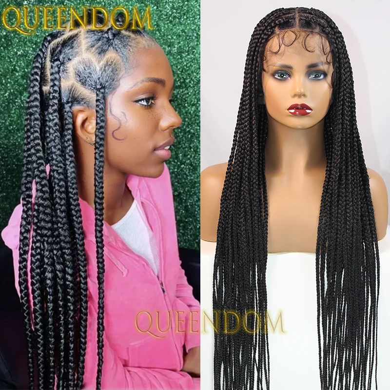 Full Lace Synthetic Cornrow Plait Braids Wig 36'' Jumbo Box Braid Crochet Goddess Wig Knotless Handmade Heart Shape Braided Wig