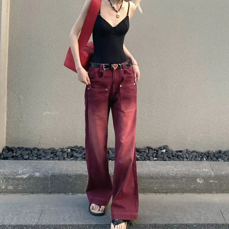 

Jeans Wine Red High Waist Boyfriend Style Streetwear Baggy Women Y2k Vintage Washed Distressed Wide Leg Mopping Pants