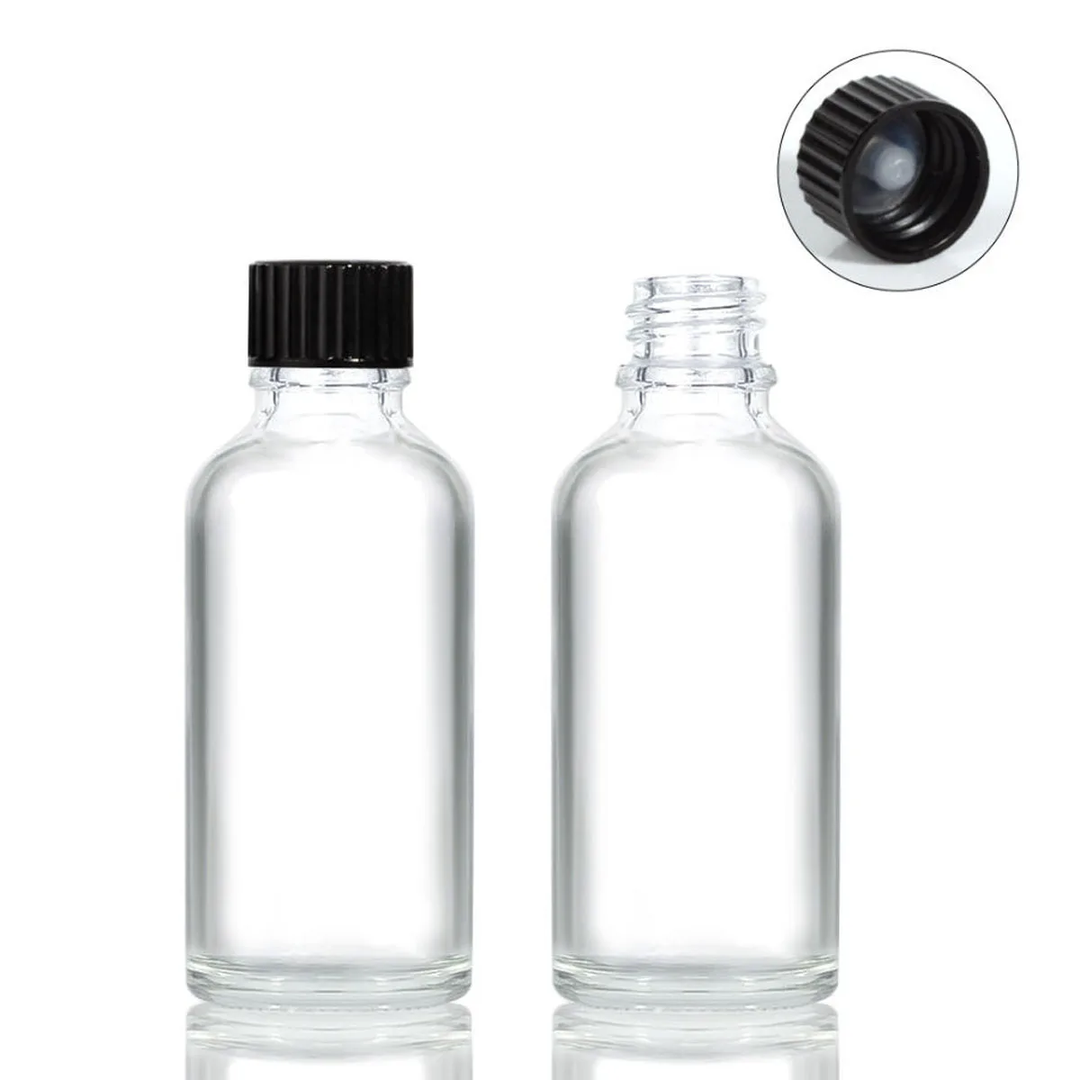 5/10/15/20/30/50/100ml Clear  Dram Glass Bottle with Screw Cone Caps with Cone liner polycone Black / White cap