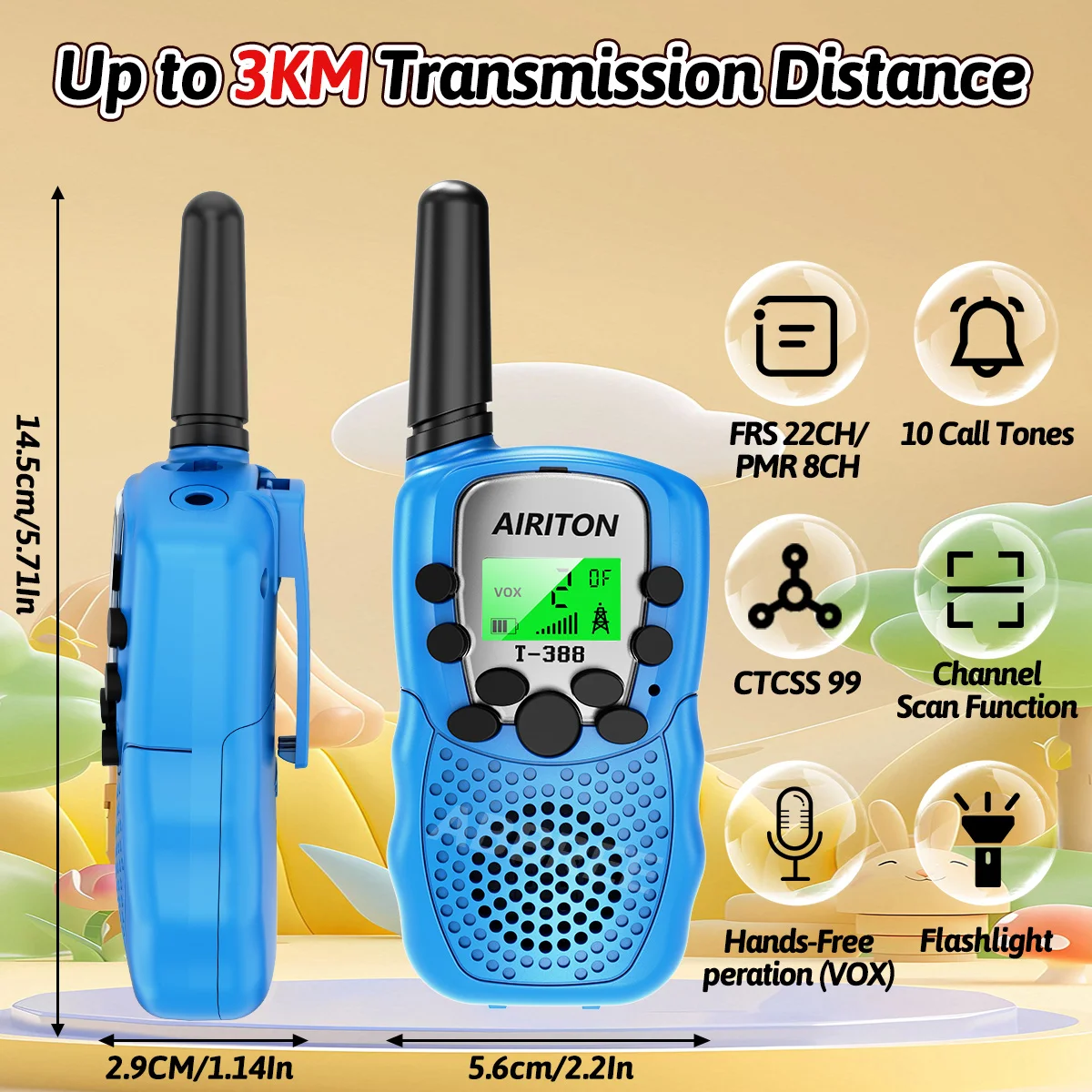 2PCS AIRITON T-388 Kids Walkie Talkie Children 3 Mile Range Two Way Receiver Electronic Radio Flashlight Children Gift for Kid