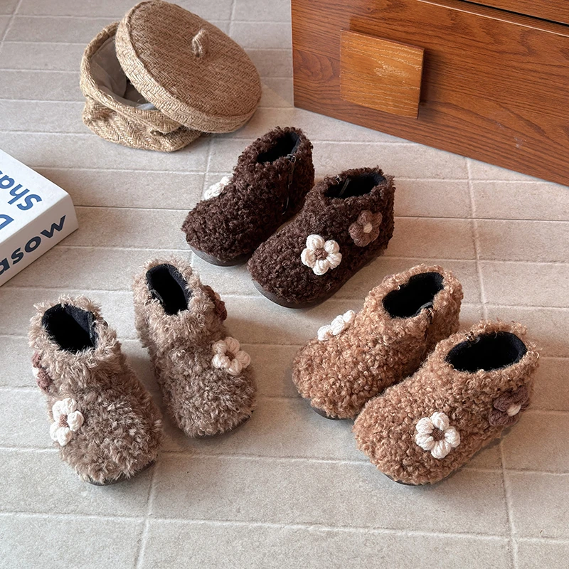 Toddler Girls Faux Shearling Ankle Boots 2026 New Winter Kids Warm-lined Cotton Boots Non-slip Trendy Princess Style Party Boots