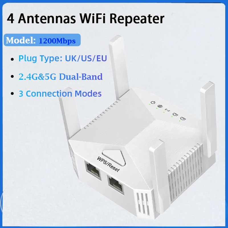 4 Antenna 1200Mbps Wireless WiFi Repeater 2.4G&5G Signal Router 802.11N Long Range Wireless WiFi Extender Amplifier WIFI Booster