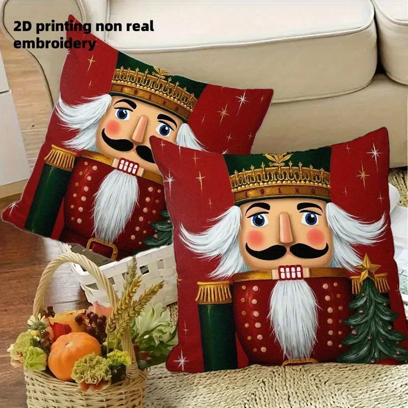 2pcs Red Golden Nutcracker Soldier Throw Pillow Covers 2D Printed Soft Cushion Cases with Zipper Closure