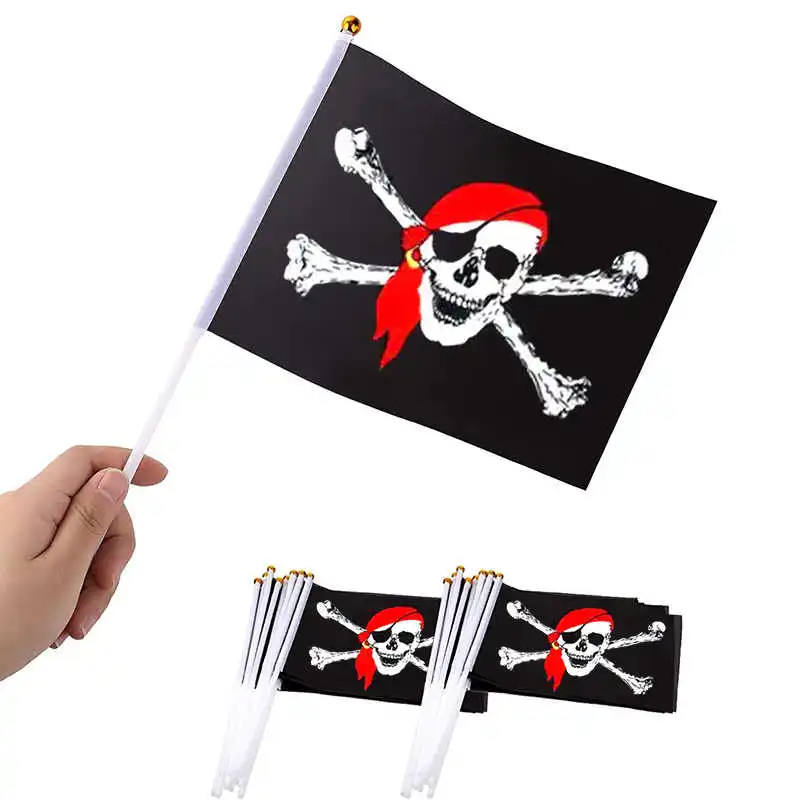 

10PCS Pirate Flag Skull And Crossed Bones 14x21cm Polyester Printed Hand Held Mini Jolly Roger Black Flags With Flagpoles