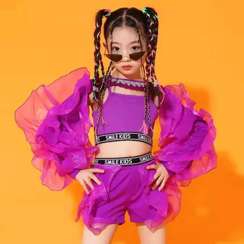 

Dance Clothes Concert Stage Performance Wear 2024 New Girls Jazz Dance Costume Purple Fluffy Sleeves Suit Kids Hip Hop