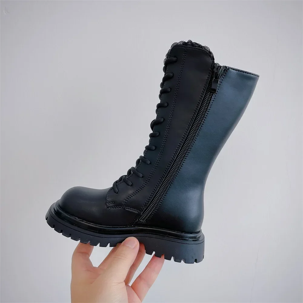 Outono/inverno zip moda legal bebê meninas quente salto quadrado dedo do pé redondo casual rendas confortáveis crianças preto meados de botas