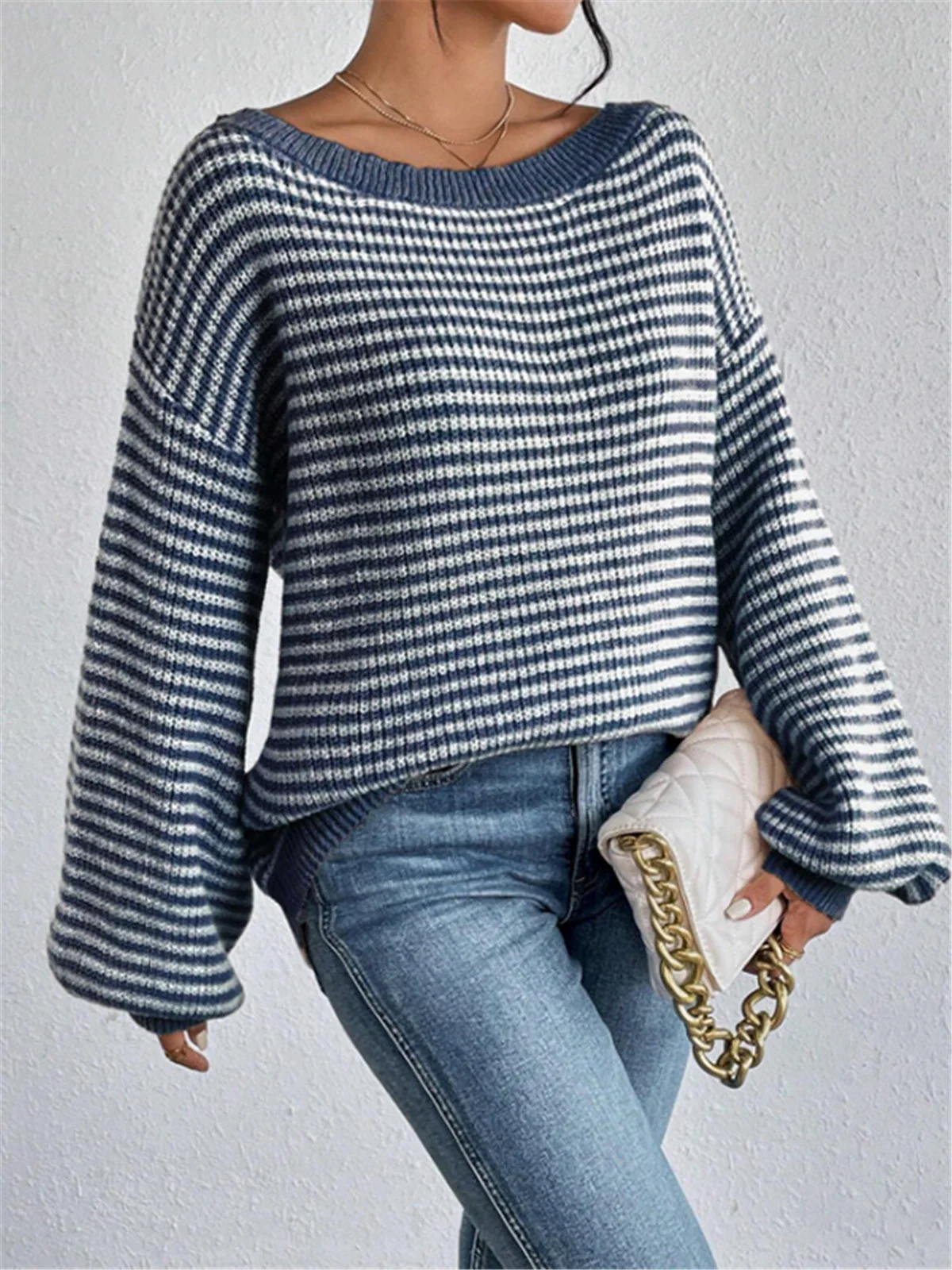 Long Sleeve Top Knitted Korean Fashion Fall Striped Pattern Sweaters Vintage Clothes Off Shoulder Tops Sexy Pullovers Knitwear