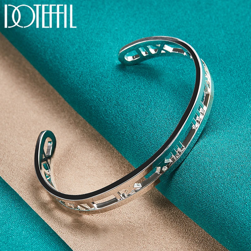 DOTEFFIL 925 Sterling Silver Roman Numerals Earring Bangle Necklace Ring Set For Woman Wedding Engagement Fashion Charm Jewelry