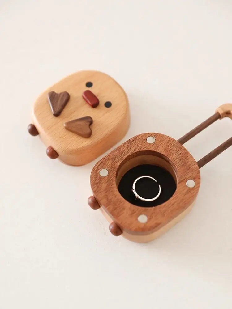 Jewelry Box Cute Cartoon Chick Beech Wood Travel Suitcase Shaped Ring Necklace Storage Desktop Organizer Wedding Gift