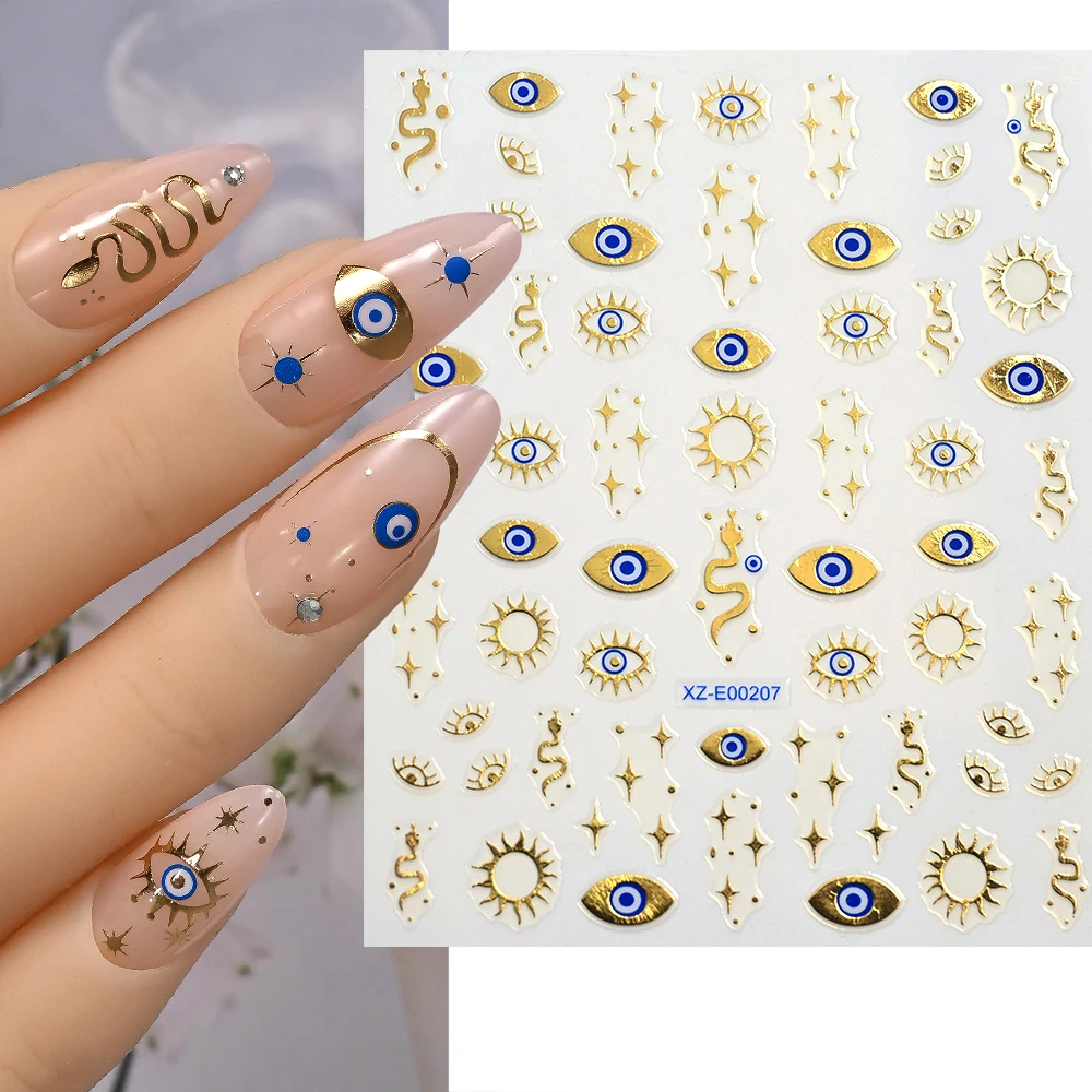 1Pcs 3D Bronzing Blue Eye Snake Nail Art Sticker Devil Animal Eyes,Star,Sun,Abstract Line NailDecal Halloween DIY Manicure Decor