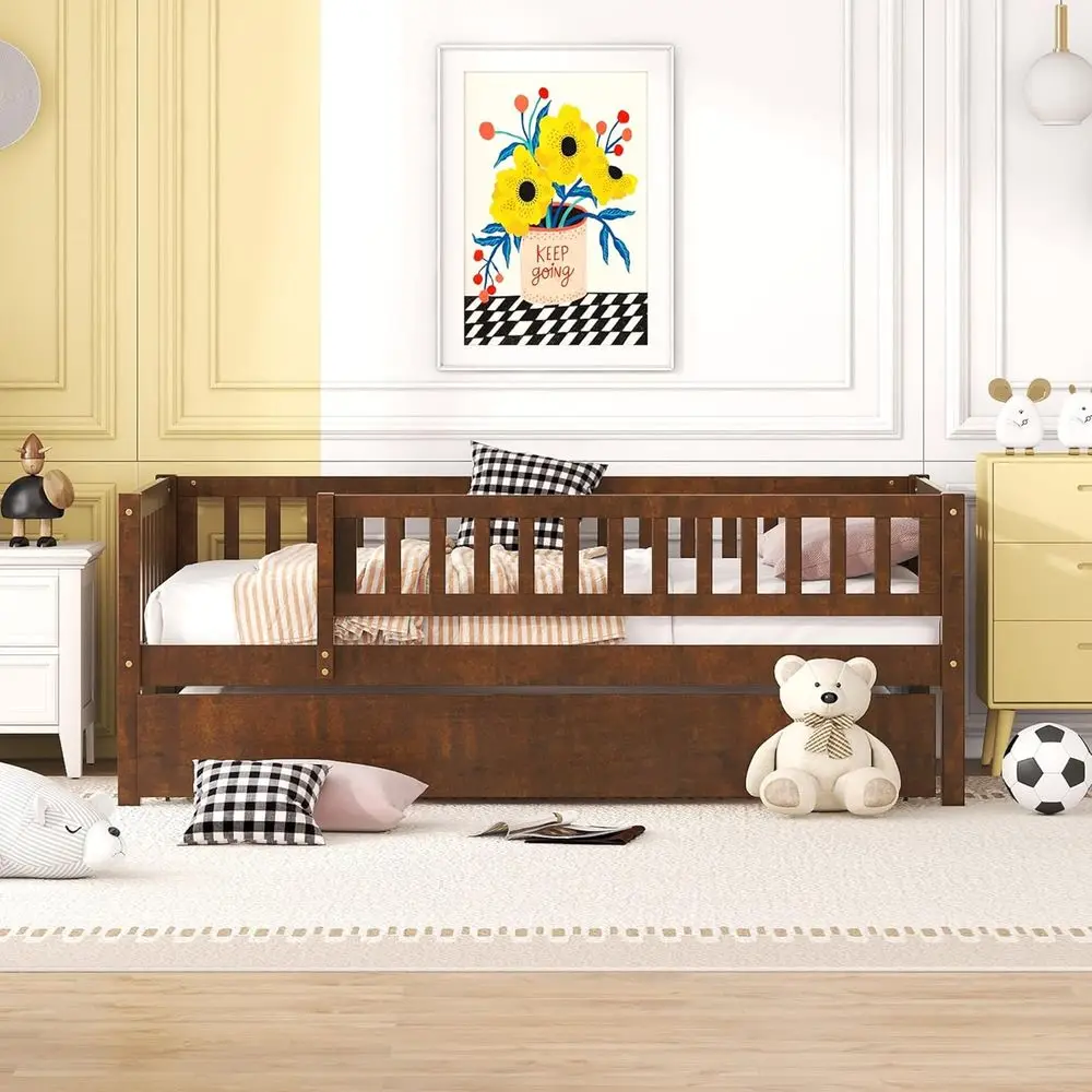 

Twin Size Wooden Daybed with Trundle and Guardrails for Kids - Walnut