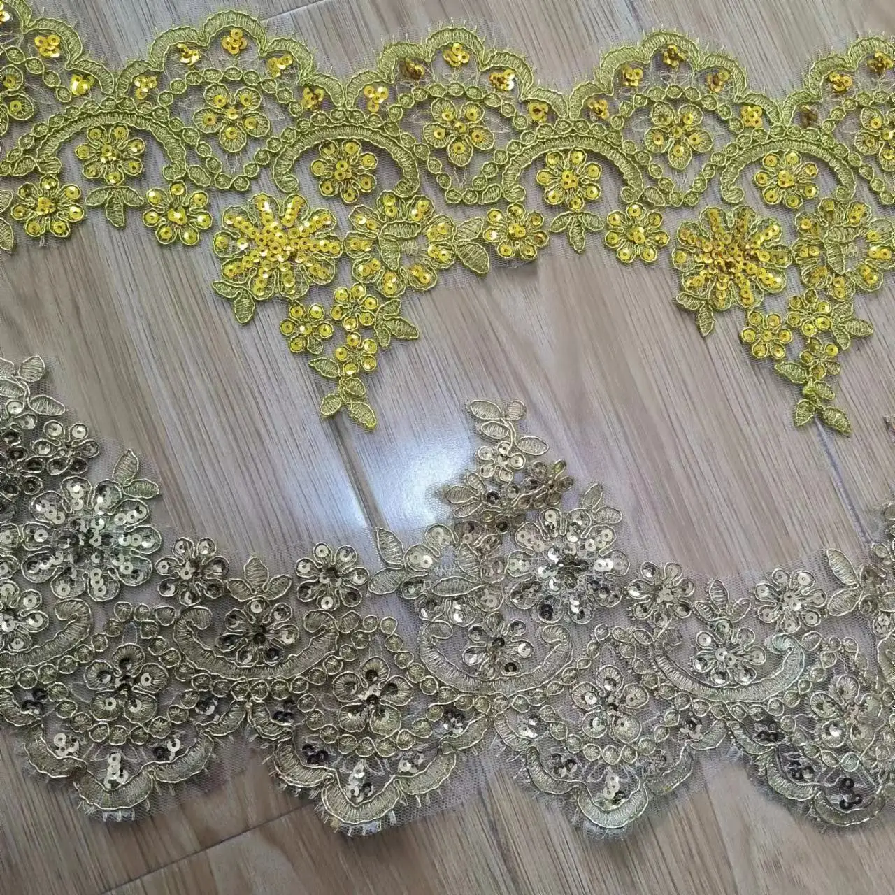 1Yard 13cm wide Gold Sequins Edge Polyester Embroidery Lace Trim for Bridal Wedding Gown Costume Design Lace Ribbon