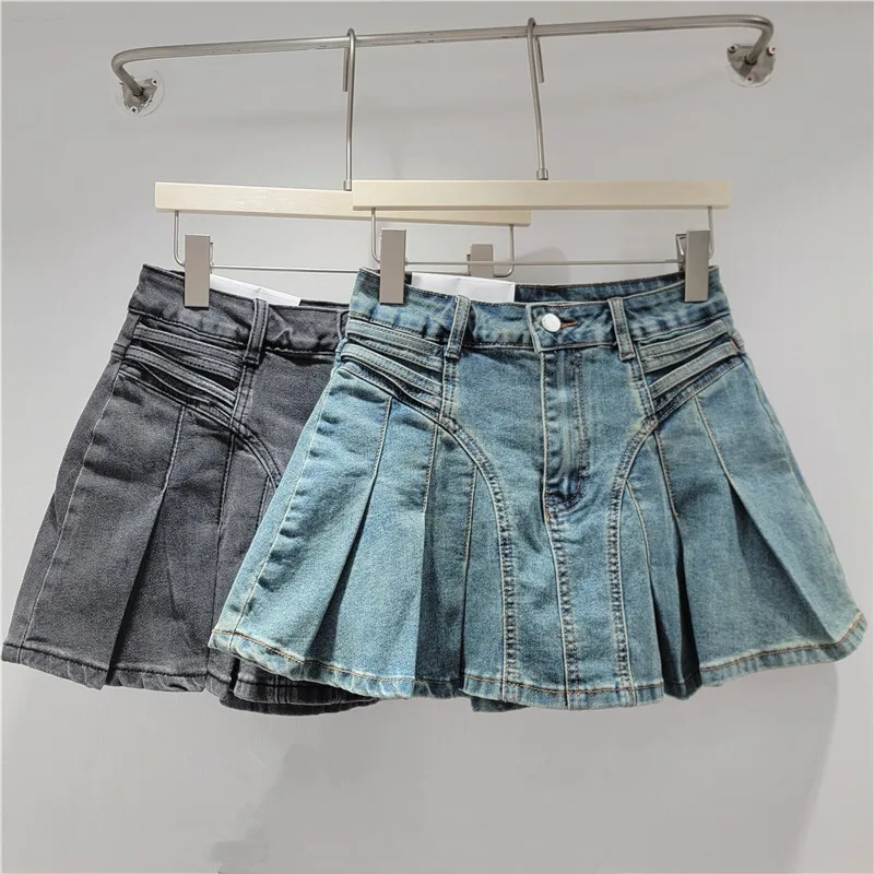 WTHT Nieuwe Mode vrouwen Doen Oude Wassen Denim Mini Rokken 2025, Lente Trendy Hoge Taille A-lijn Rok Vrouwelijke 1LS1229