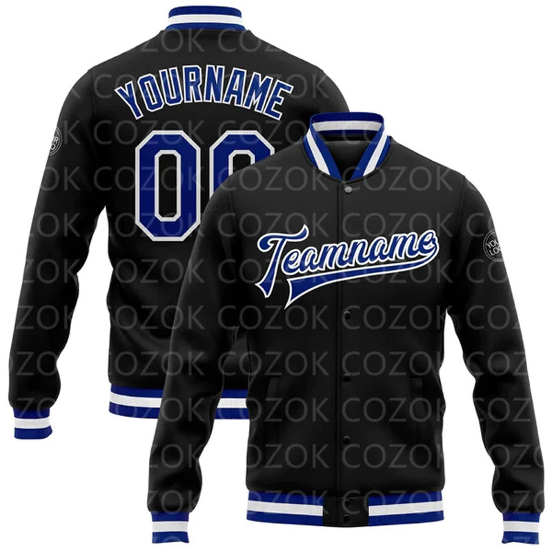 Custom Black Blue 3D Printed Baseball Button Jacket Bomber Full-Snap Varsity Letterman Jacket