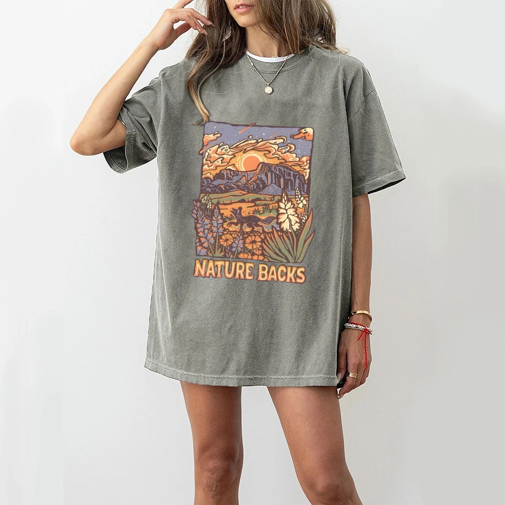 Natureza backs bela cena gráfico lavado camiseta manga curta topos unissex camiseta para wemen masculino baggy streetwear presente para ele ela