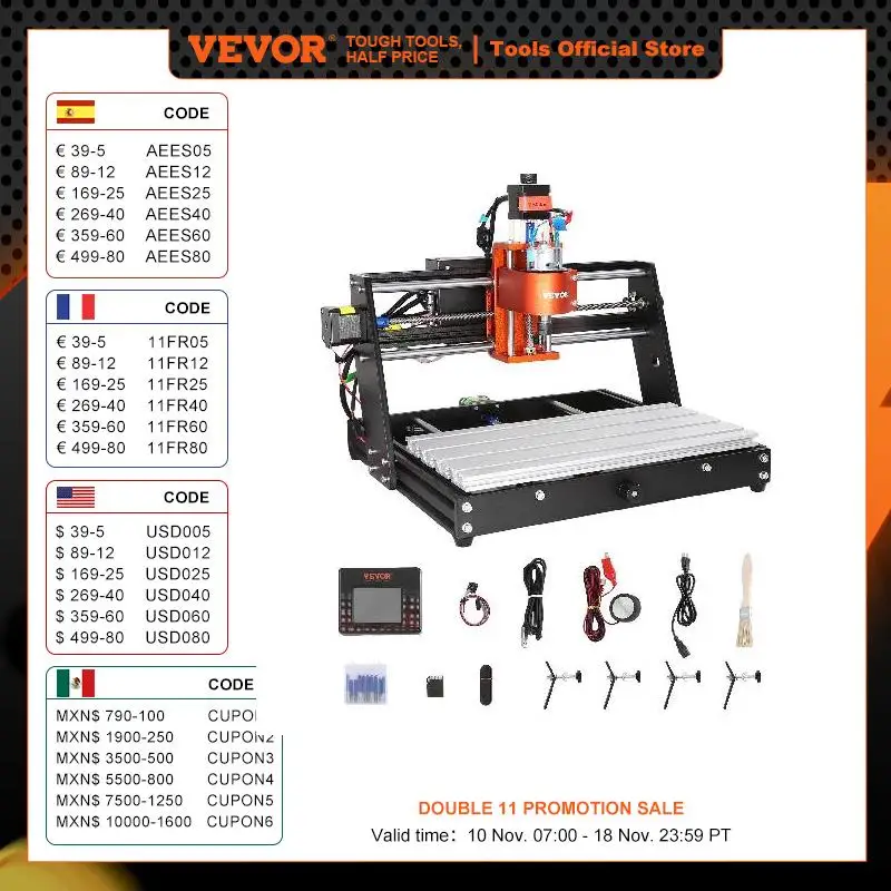 VEVOR 60W CNC Router Machine 3 Axis GRBL Control Wood Engraving Carving Milling Machine Kit 300 x 200 x 60 mm Area 1200 RPM