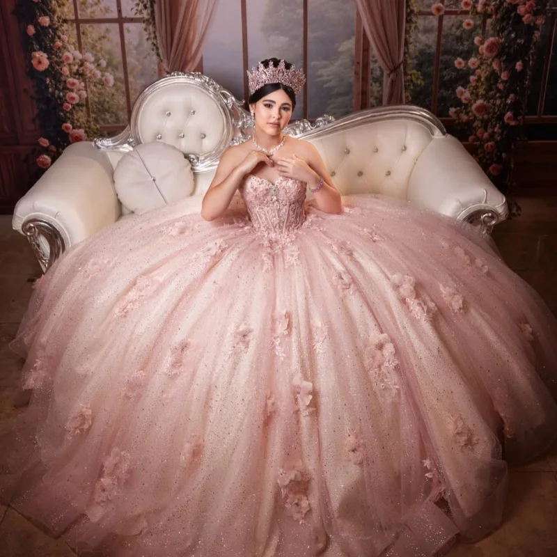 

Shiny Pink Quinceanera Dress off-shoulder Glitter 3D Flower Decal Long tail Bow vestidos de 15 Quinceanera ﻿Customize