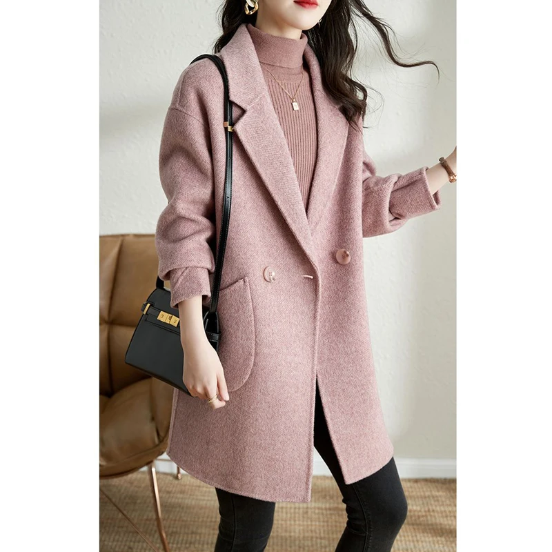 Women Korean Fashion Vintage Woolen Blazer Jacket Office Lady Casual Long Sleeve Loose Outewear Double Breasted Thick Chic Coat