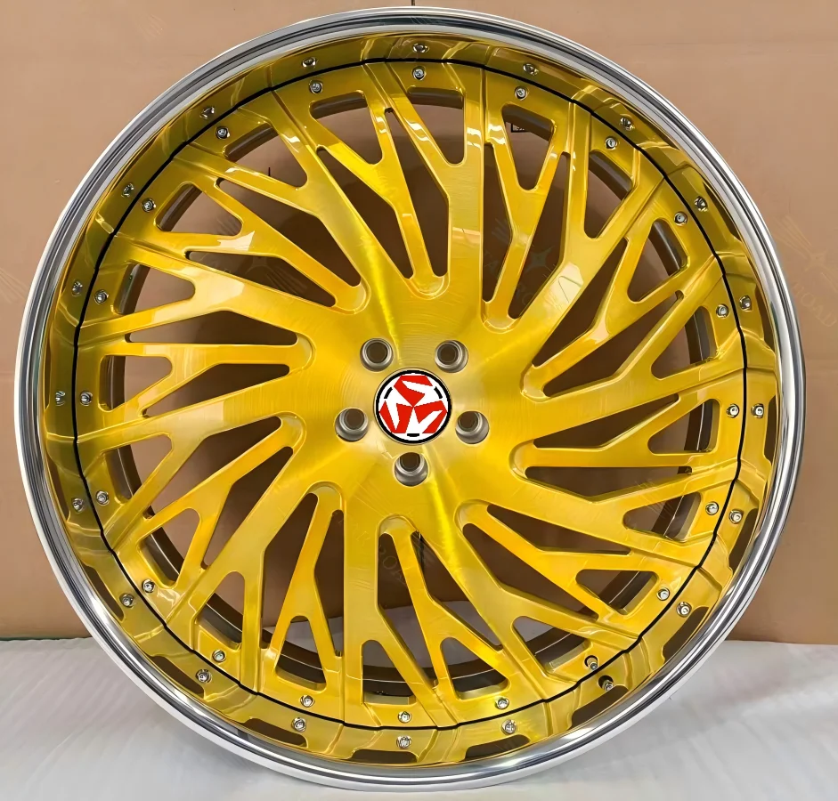 6061-T6 Forged Alloy Wheels Brushed Gold 20 21 22 24 26 Inch Custom Two-Piece Multi Split Spoke Polished Chrome Lip Rivet Design