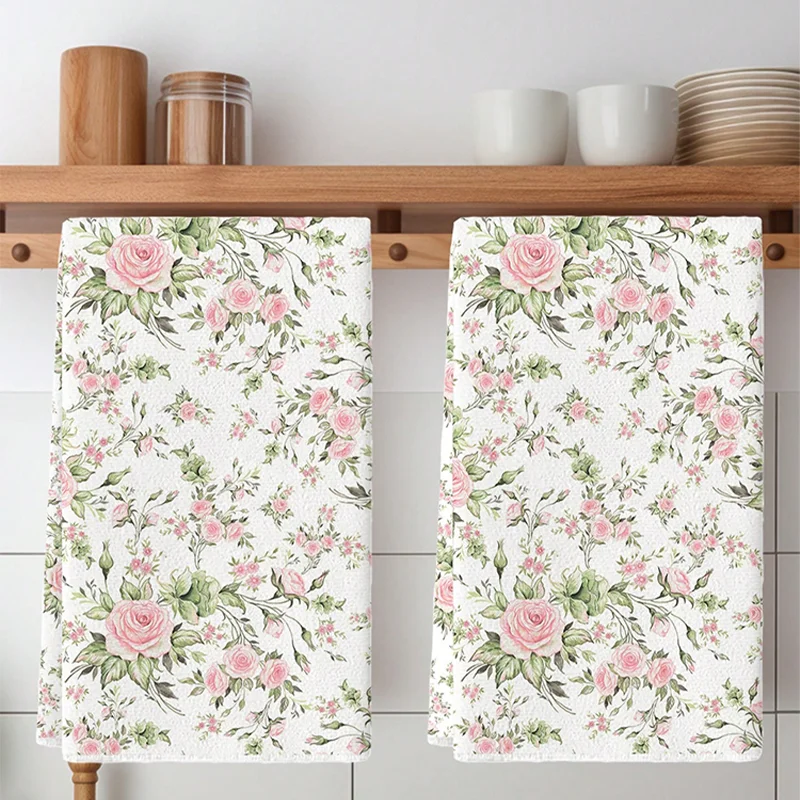 2Pcs, French-Style Romantic Pink Rose Kitchen Towels, 40Cm*60Cm Towel Set, Super Absorbent Soft Cleaning Cloth, Cooking and Baking Tea Towel, Hand Towel, Cleaning Cloth, Dishcloth, Kitchen Decoration, Living Room Decorations, Kitchen Essentials, Home Essentials