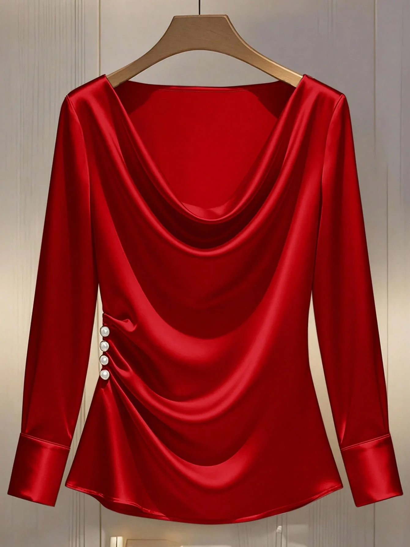 

Elegant Red Cowl Neck Long Sleeve Blouse With Pearl Button Detail Plus Size
