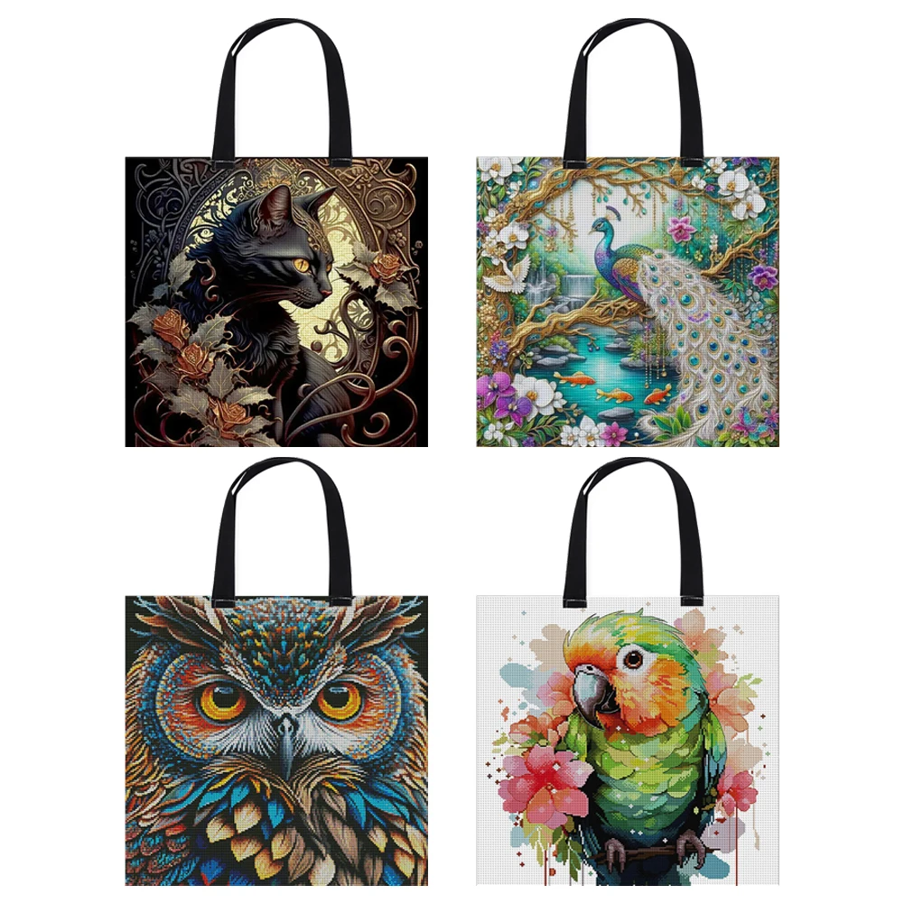 11CT Cat Peacock Owl Parrot Cross Stitch Canvas Tote Bag Embroidery Kit Personalized Bag Hand Needlepoint Kit Bag for Beginners