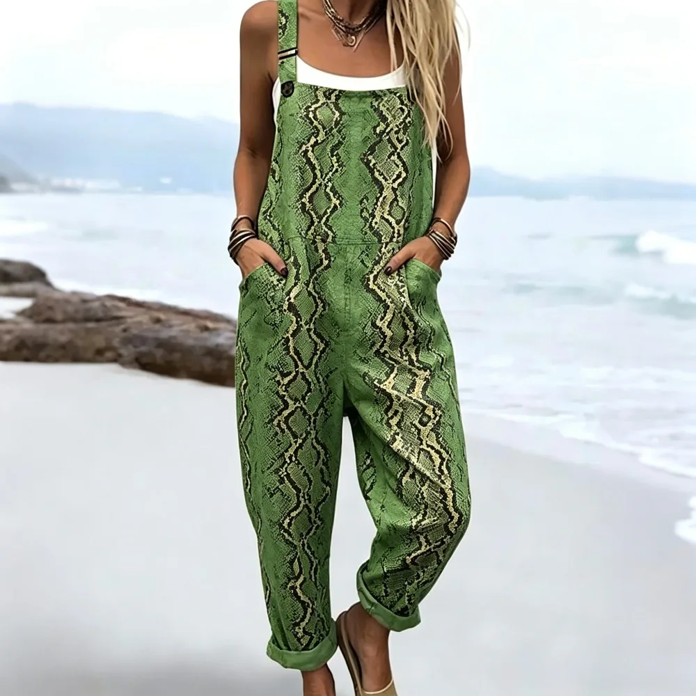 Casual Snake Skin Peacock Feather Printed Sleeveless Baggy Overalls Loose Pocketed Beach Vacation Daily Wear Jumpsuit S-5XL